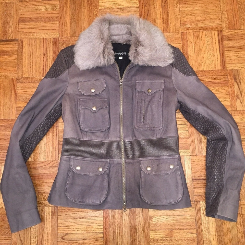 Patrizia Pepe Gray Leather Jacket with fur Size M